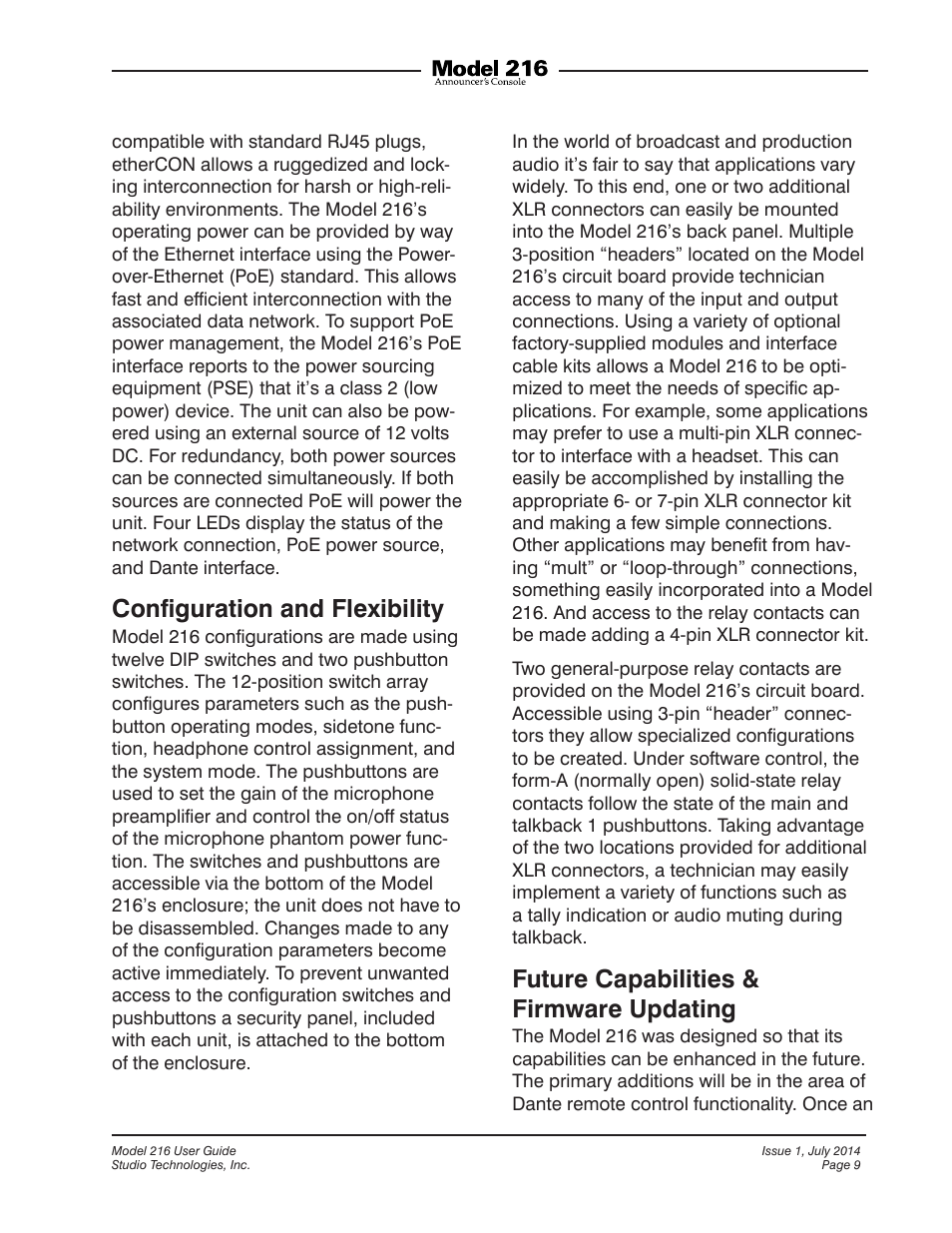 Conﬁguration and flexibility, Future capabilities & firmware updating | Studio Technologies 216 User Manual | Page 9 / 31