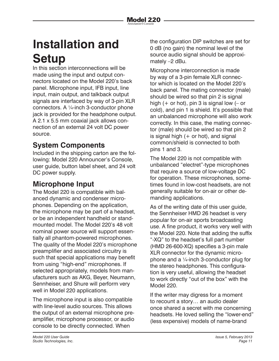 Installation and setup, System components, Microphone input | Studio Technologies 220 2013 User Manual | Page 11 / 43