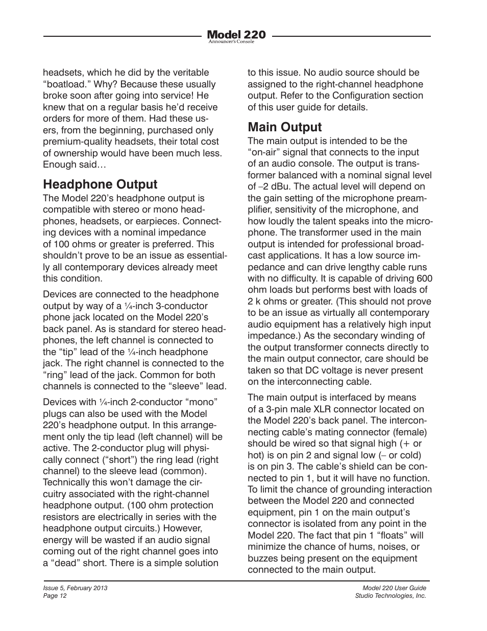 Headphone output, Main output | Studio Technologies 220 2013 User Manual | Page 12 / 43