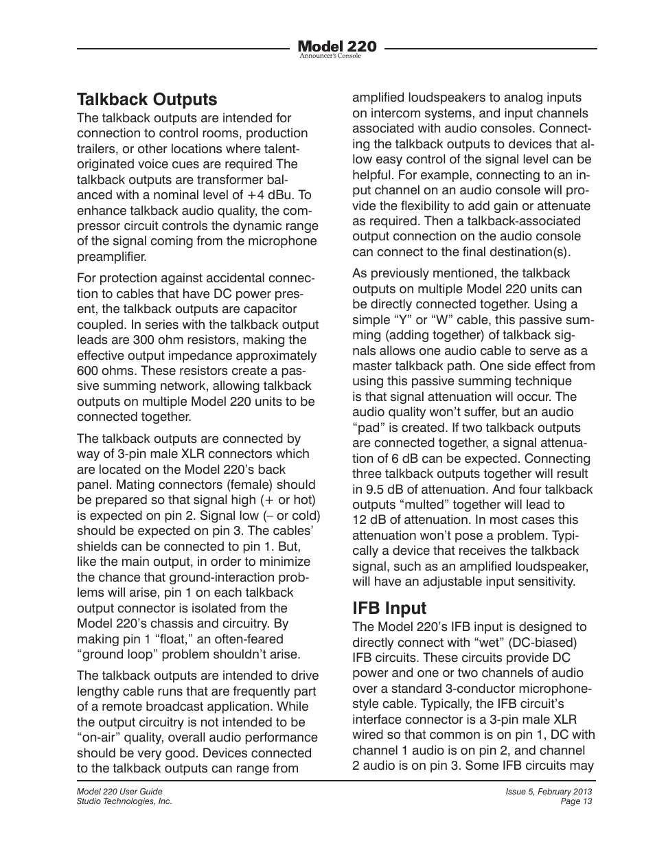 Talkback outputs, Ifb input | Studio Technologies 220 2013 User Manual | Page 13 / 43