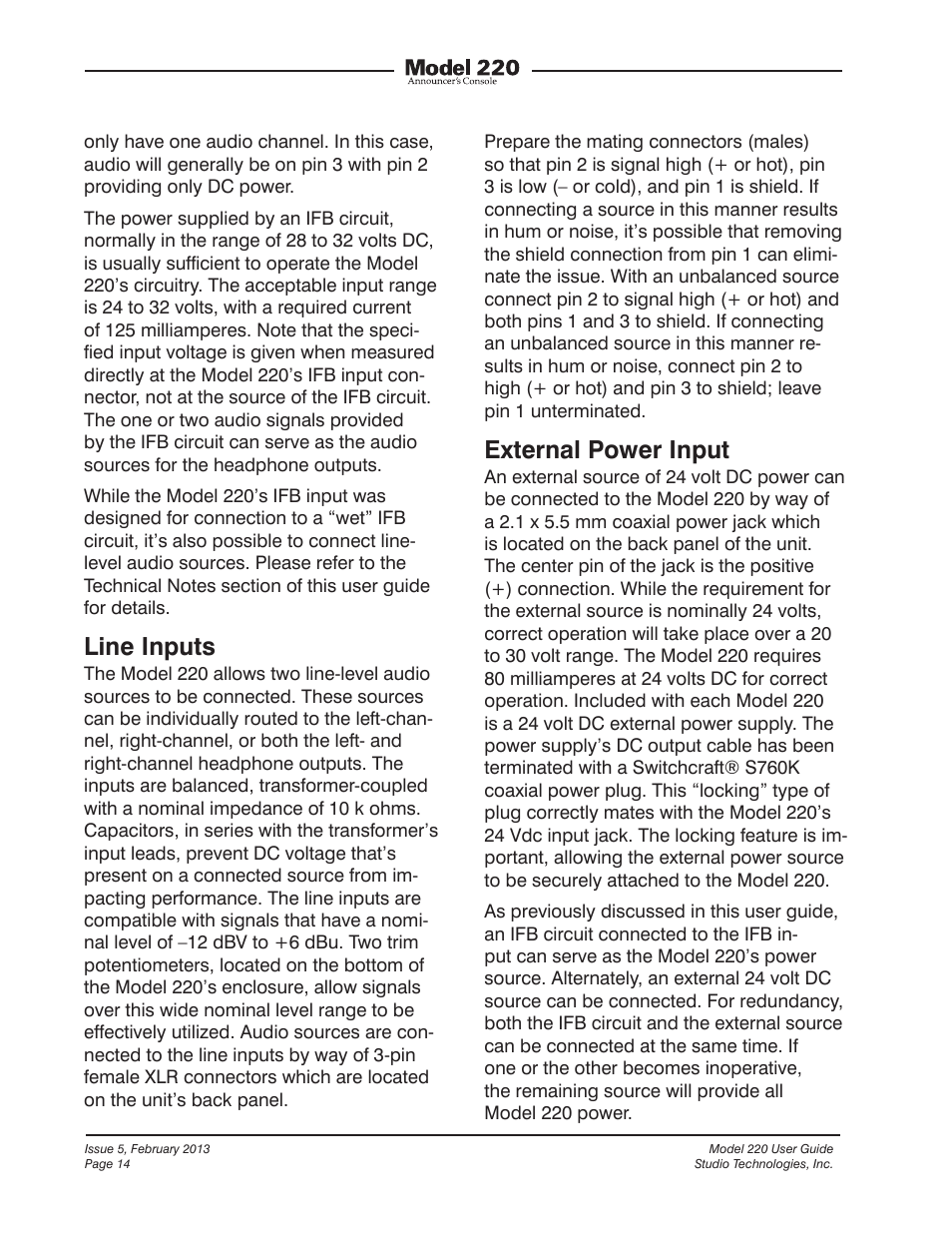 Line inputs, External power input | Studio Technologies 220 2013 User Manual | Page 14 / 43