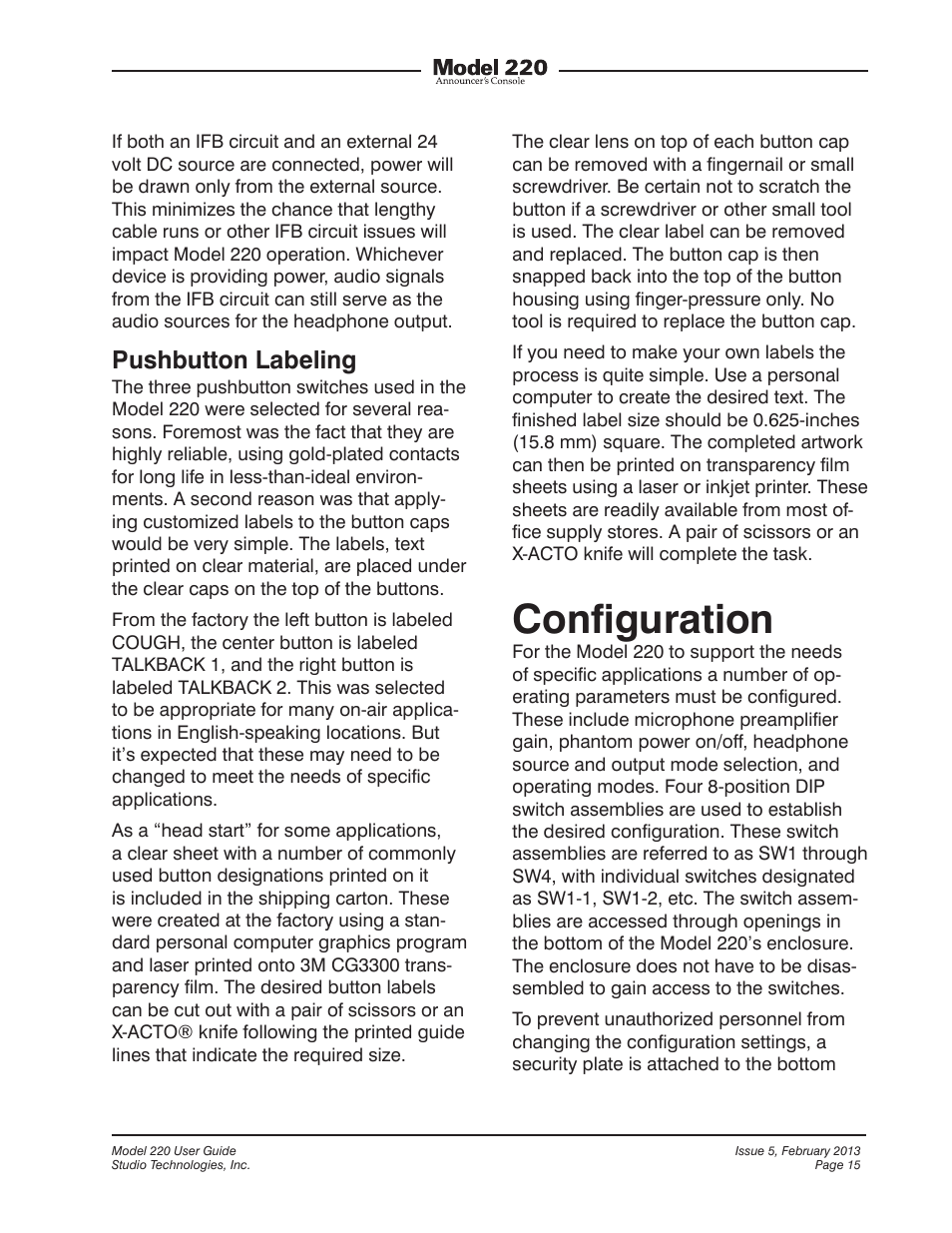 Configuration, Conﬁguration, Pushbutton labeling | Studio Technologies 220 2013 User Manual | Page 15 / 43