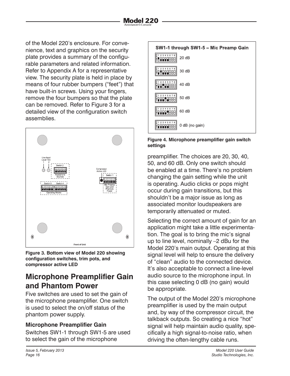 Microphone preampliﬁer gain and phantom power | Studio Technologies 220 2013 User Manual | Page 16 / 43