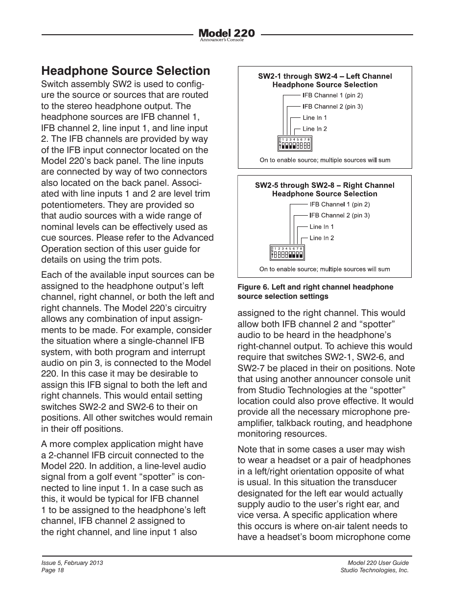 Headphone source selection | Studio Technologies 220 2013 User Manual | Page 18 / 43