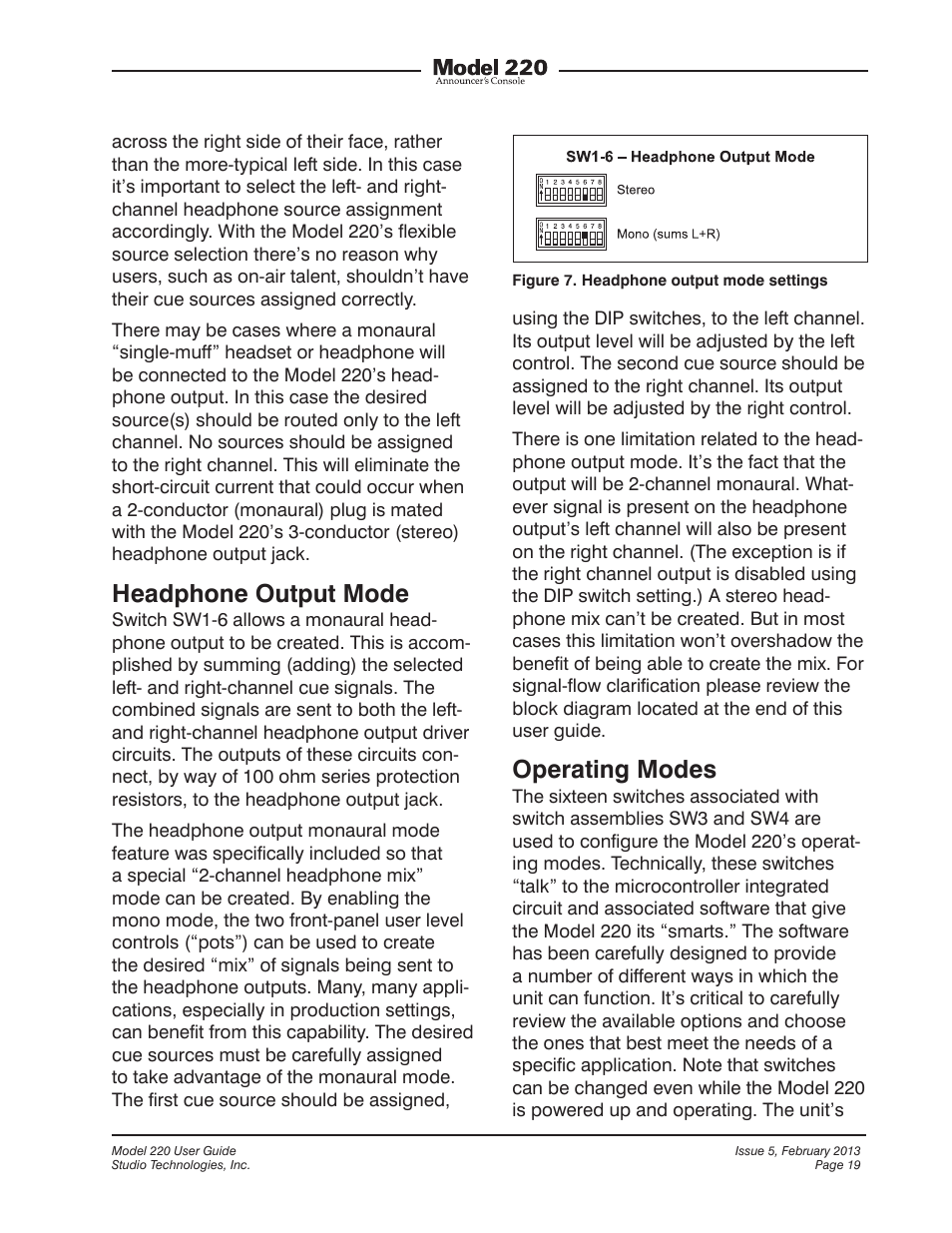 Headphone output mode, Operating modes | Studio Technologies 220 2013 User Manual | Page 19 / 43