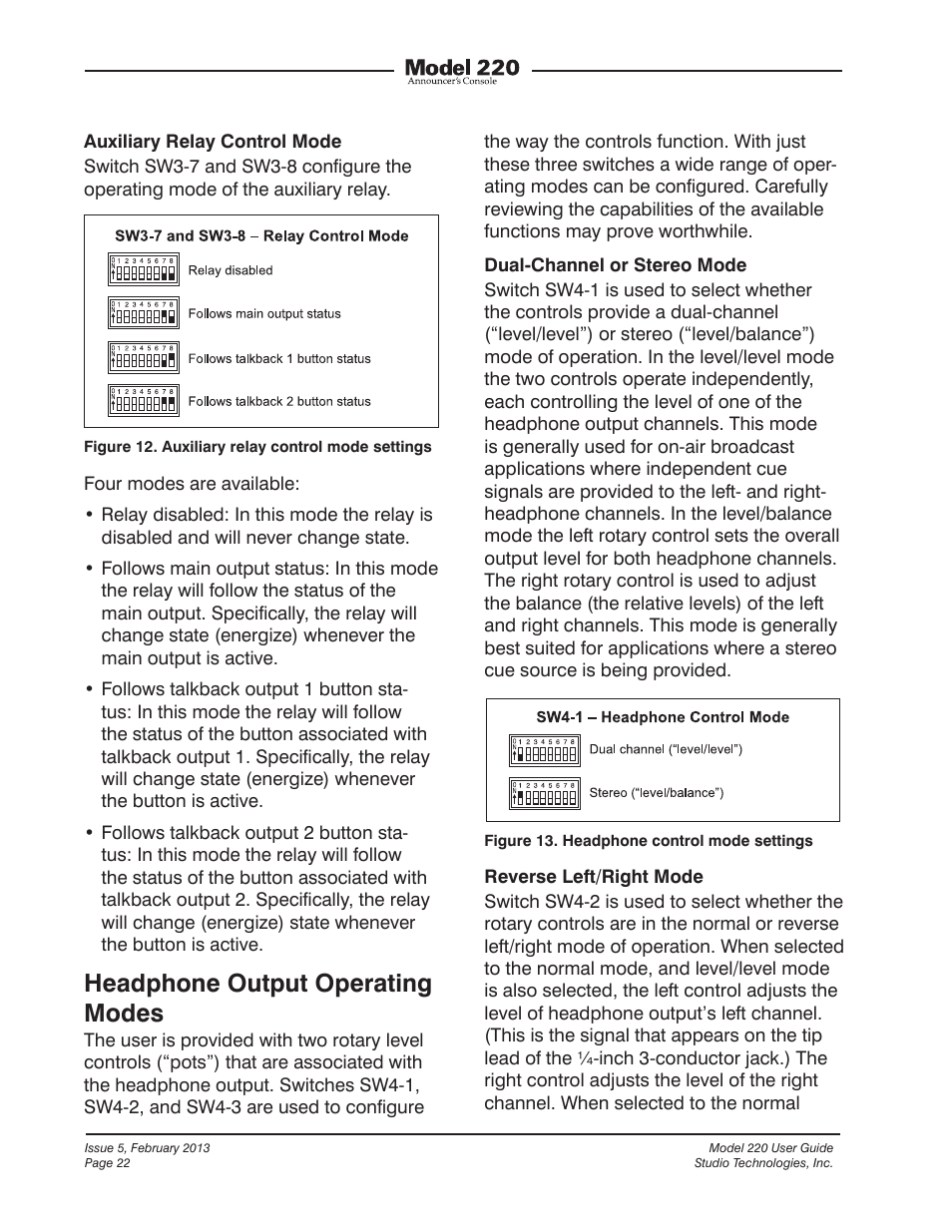 Headphone output operating modes | Studio Technologies 220 2013 User Manual | Page 22 / 43