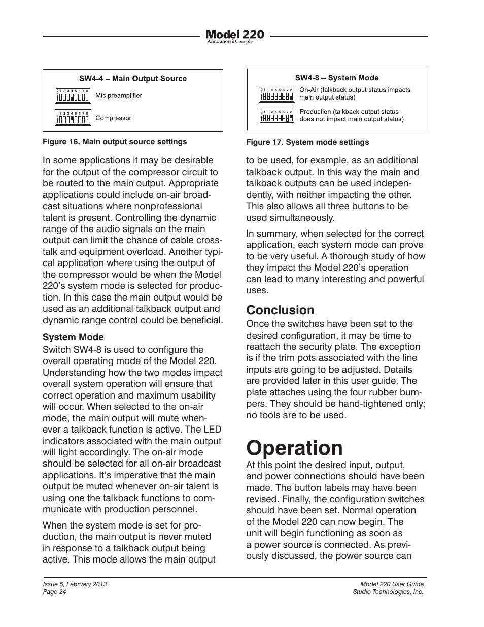 Operation, Conclusion | Studio Technologies 220 2013 User Manual | Page 24 / 43