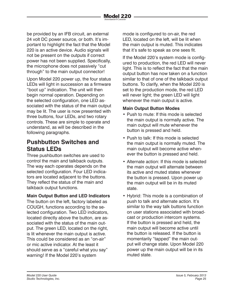 Pushbutton switches and status leds | Studio Technologies 220 2013 User Manual | Page 25 / 43