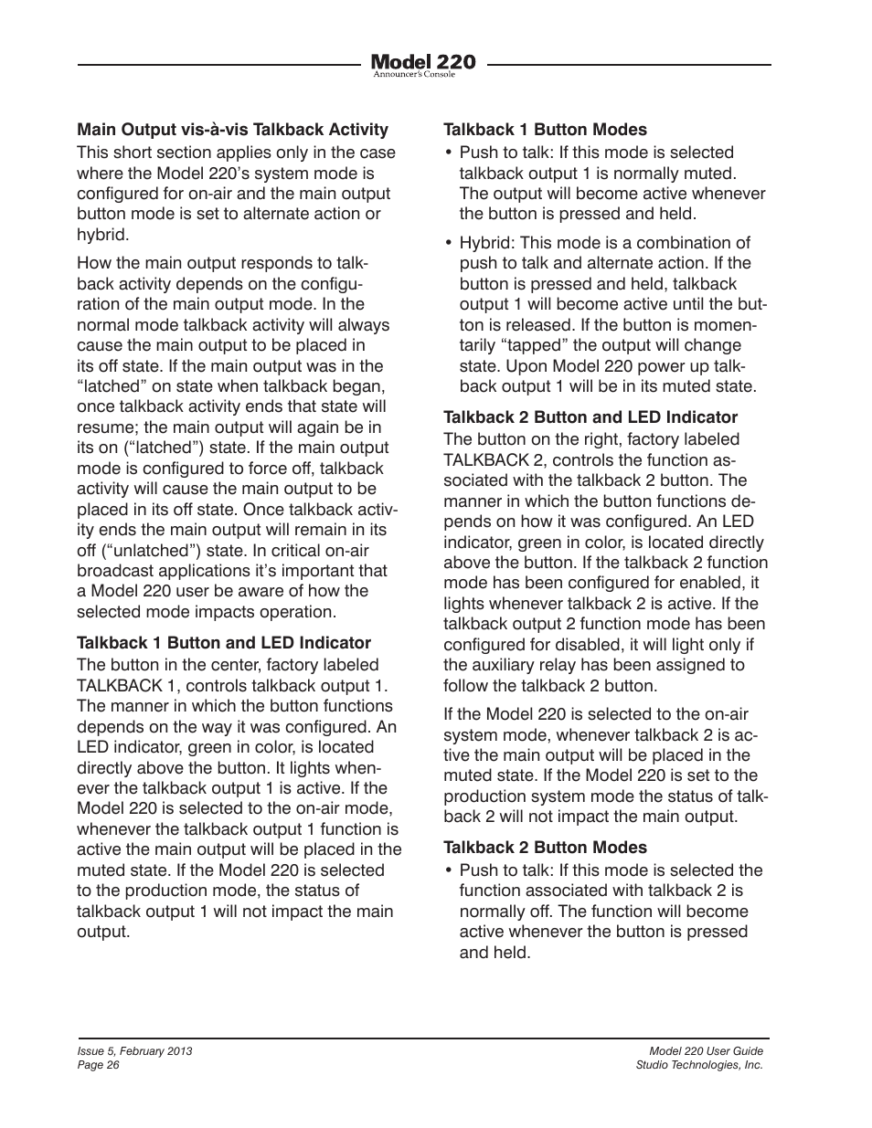 Studio Technologies 220 2013 User Manual | Page 26 / 43