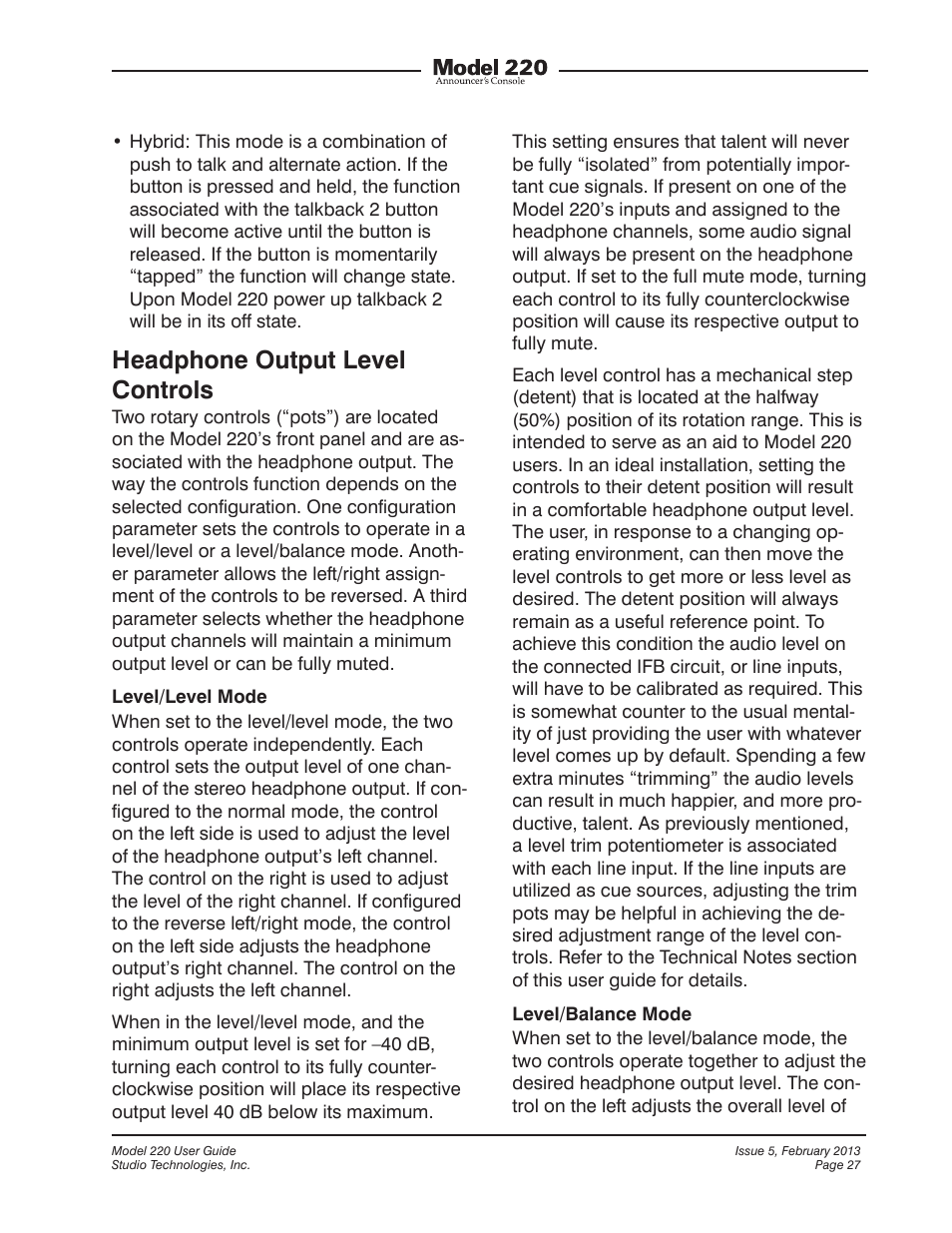 Headphone output level controls | Studio Technologies 220 2013 User Manual | Page 27 / 43