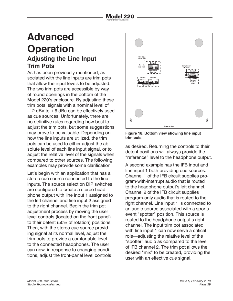 Advanced operation, Adjusting the line input trim pots | Studio Technologies 220 2013 User Manual | Page 29 / 43