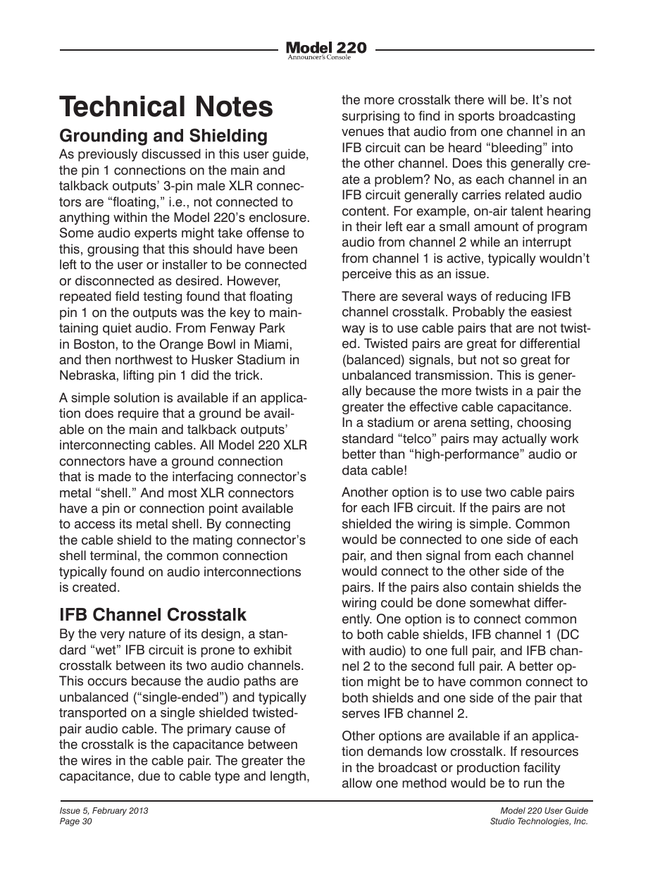 Technical notes, Grounding and shielding, Ifb channel crosstalk | Studio Technologies 220 2013 User Manual | Page 30 / 43