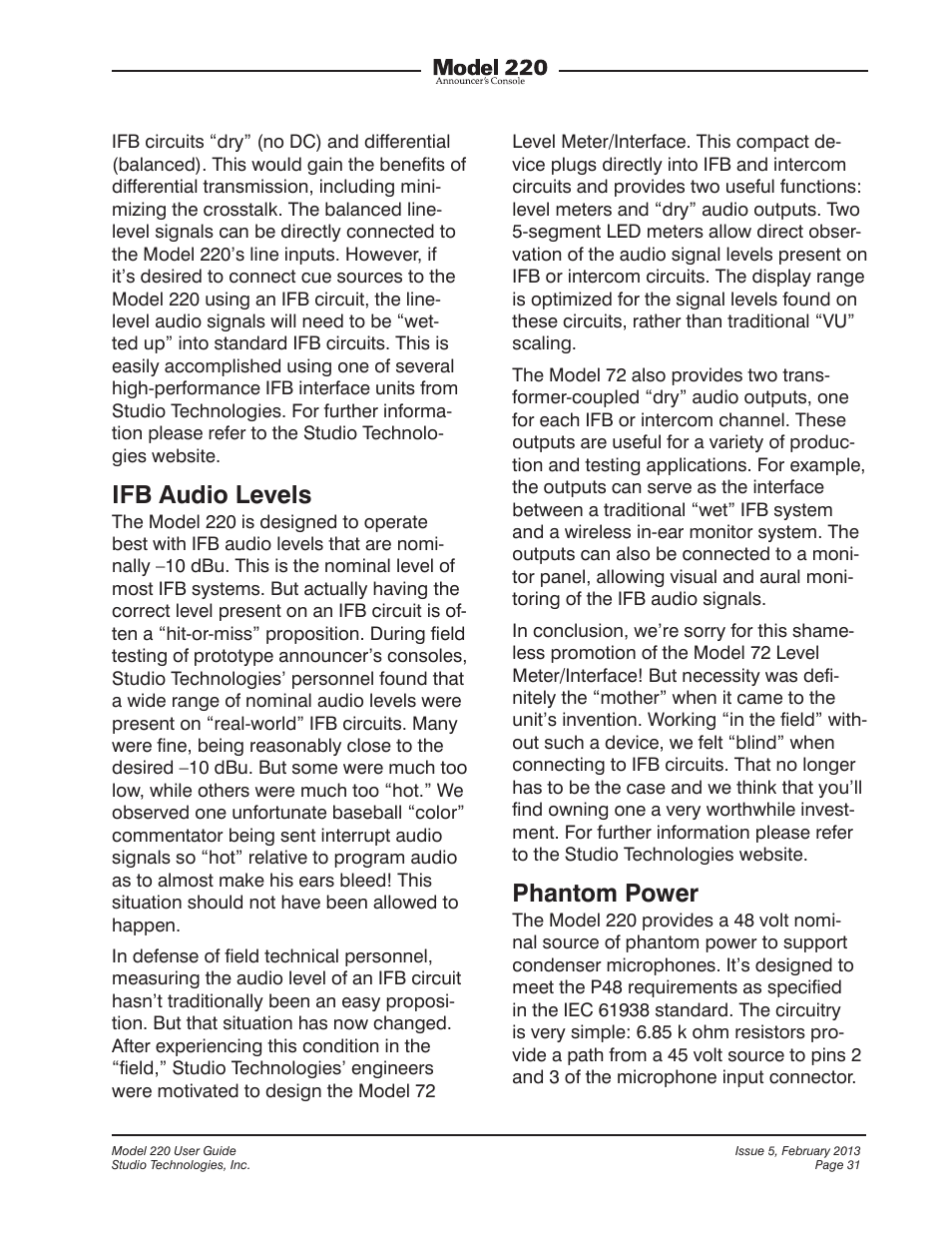 Ifb audio levels, Phantom power | Studio Technologies 220 2013 User Manual | Page 31 / 43