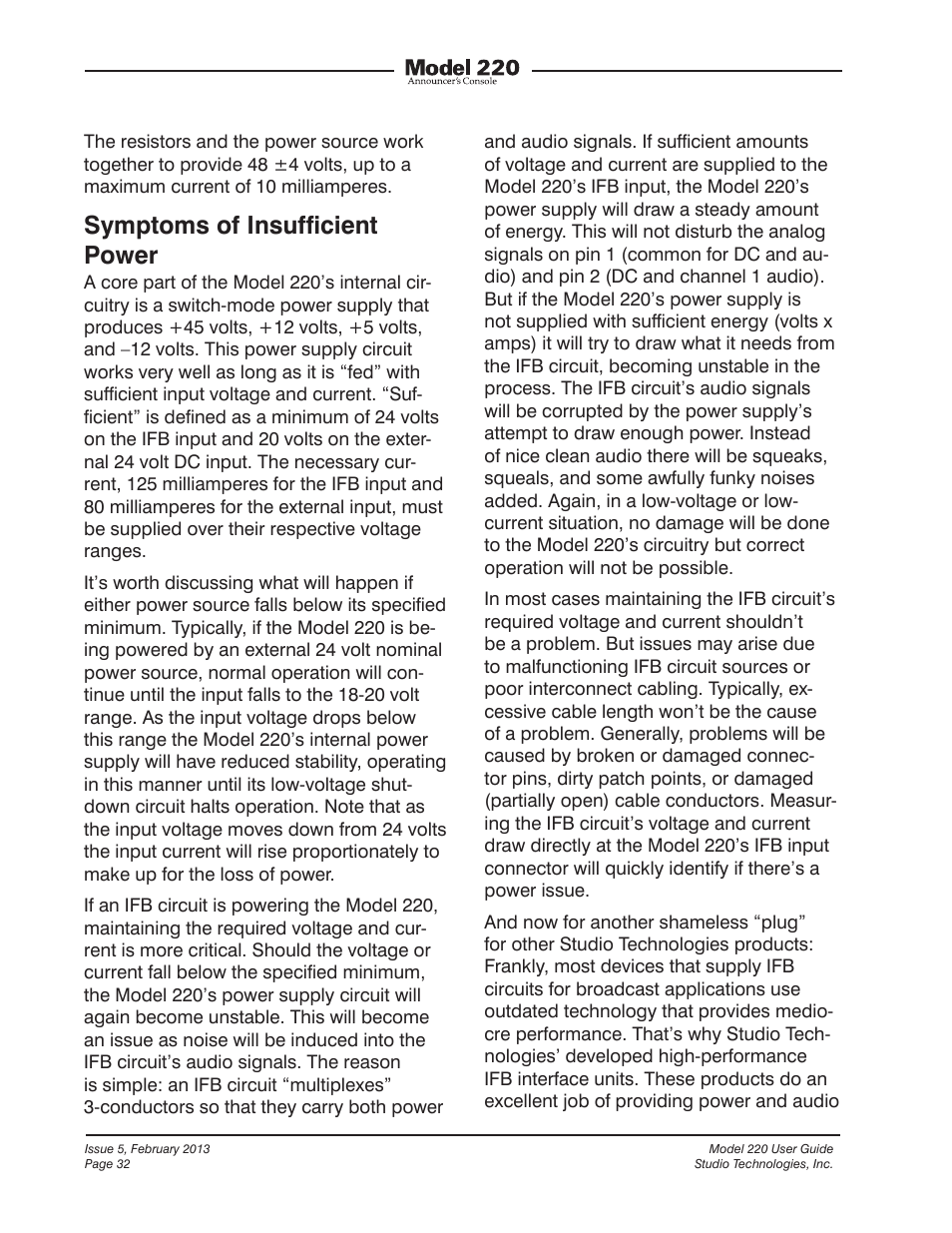 Symptoms of insufﬁcient power | Studio Technologies 220 2013 User Manual | Page 32 / 43