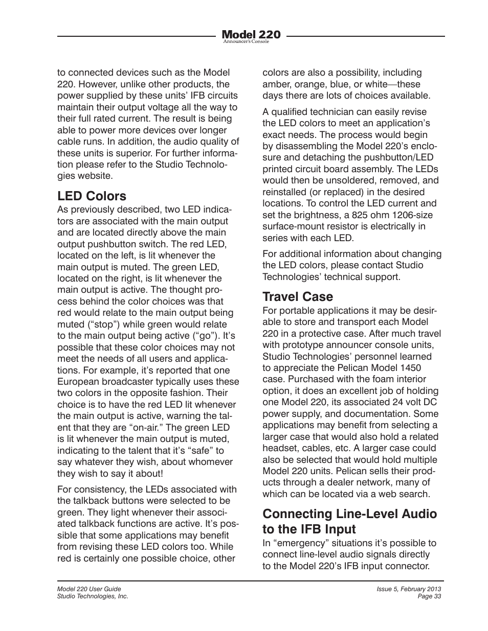 Led colors, Travel case, Connecting line-level audio to the ifb input | Studio Technologies 220 2013 User Manual | Page 33 / 43