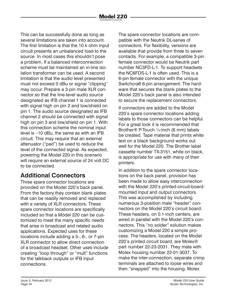 Additional connectors | Studio Technologies 220 2013 User Manual | Page 34 / 43