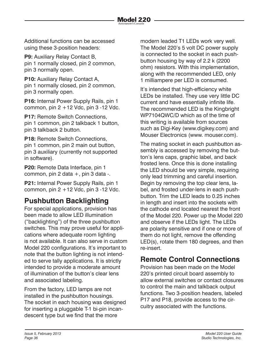 Pushbutton backlighting, Remote control connections | Studio Technologies 220 2013 User Manual | Page 36 / 43