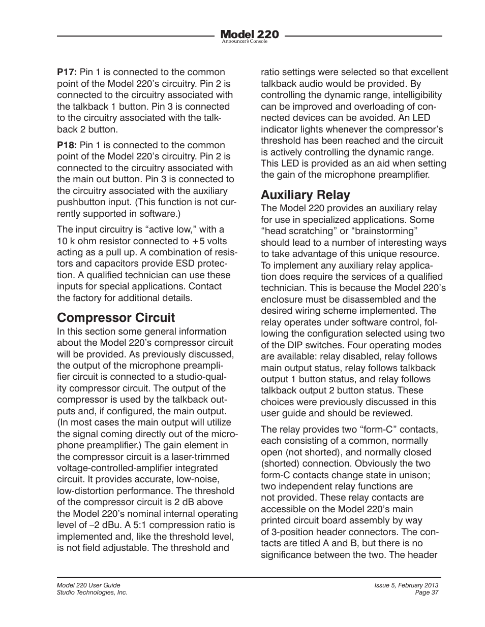 Compressor circuit, Auxiliary relay | Studio Technologies 220 2013 User Manual | Page 37 / 43