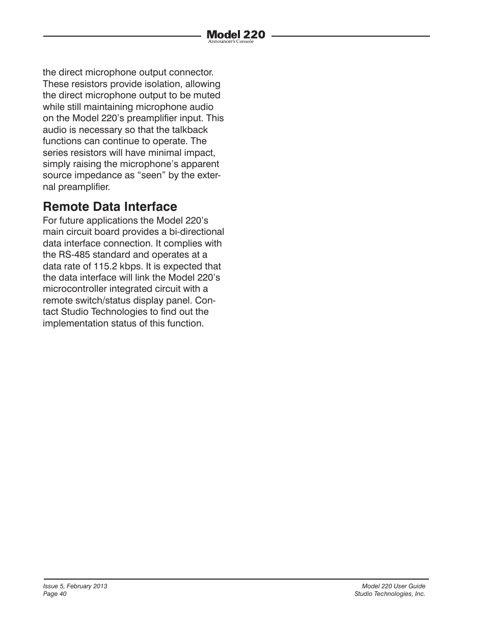 Remote data interface | Studio Technologies 220 2013 User Manual | Page 40 / 43