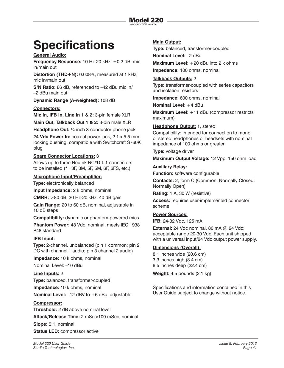 Specifications, Speciﬁcations | Studio Technologies 220 2013 User Manual | Page 41 / 43