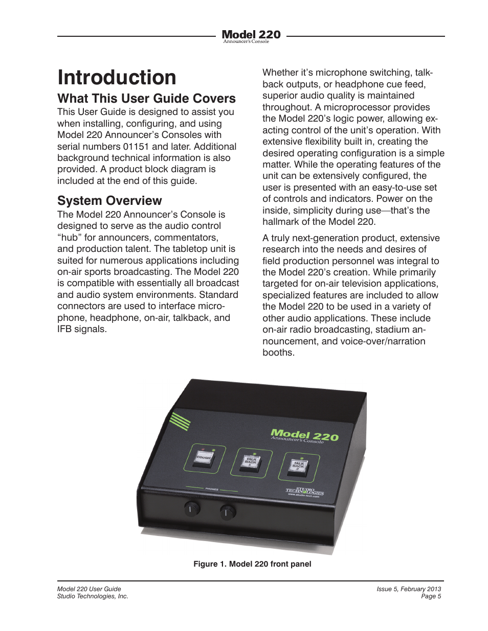 Introduction, What this user guide covers, System overview | Studio Technologies 220 2013 User Manual | Page 5 / 43