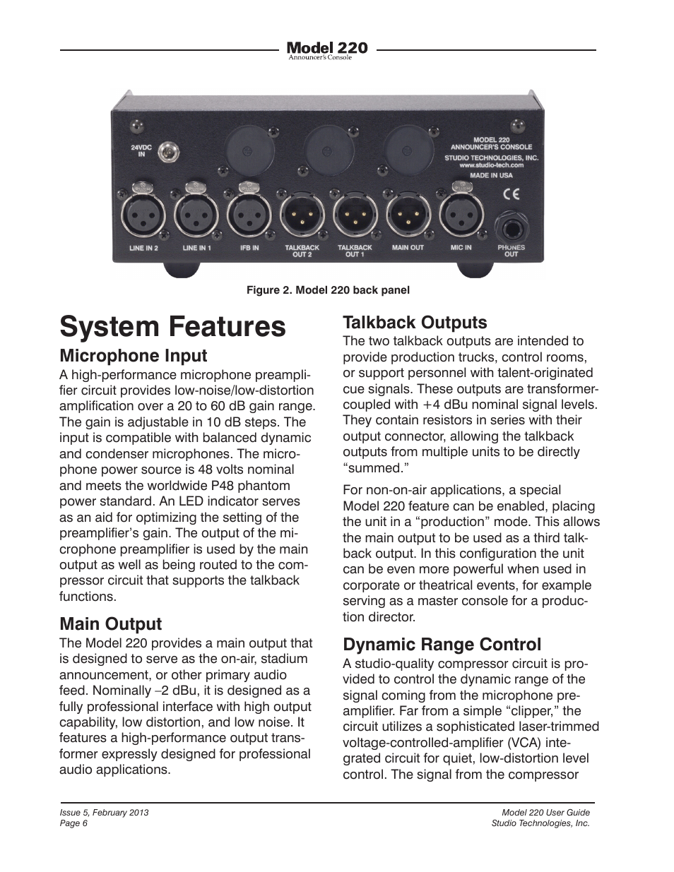 System features, Microphone input, Main output | Talkback outputs, Dynamic range control | Studio Technologies 220 2013 User Manual | Page 6 / 43