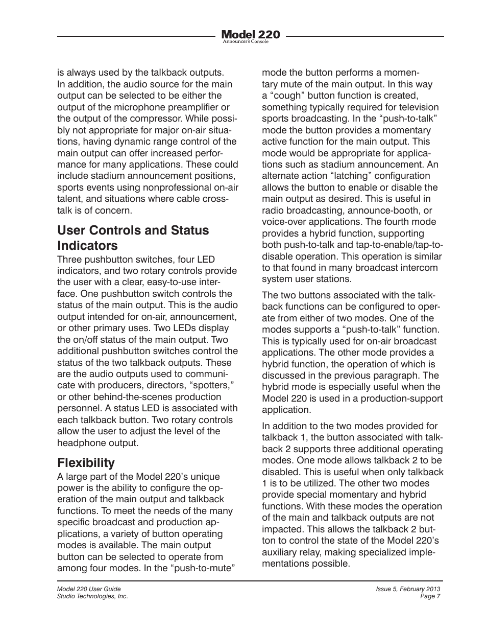 User controls and status indicators, Flexibility | Studio Technologies 220 2013 User Manual | Page 7 / 43