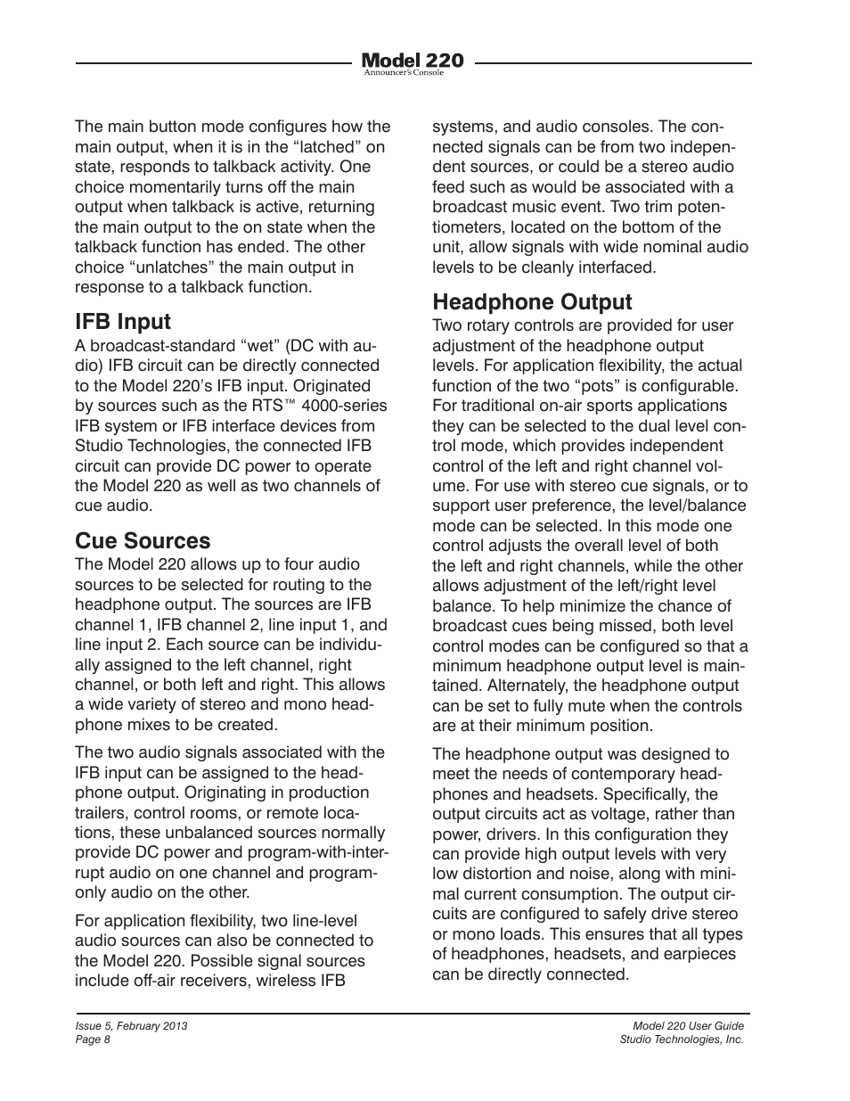 Ifb input, Cue sources, Headphone output | Studio Technologies 220 2013 User Manual | Page 8 / 43