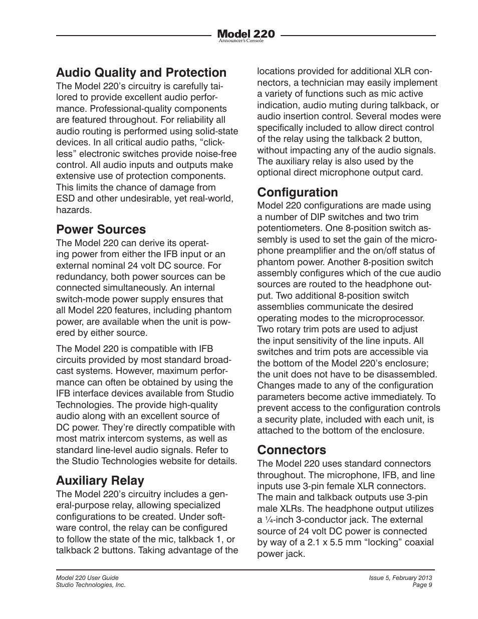 Audio quality and protection, Power sources, Auxiliary relay | Conﬁguration, Connectors | Studio Technologies 220 2013 User Manual | Page 9 / 43