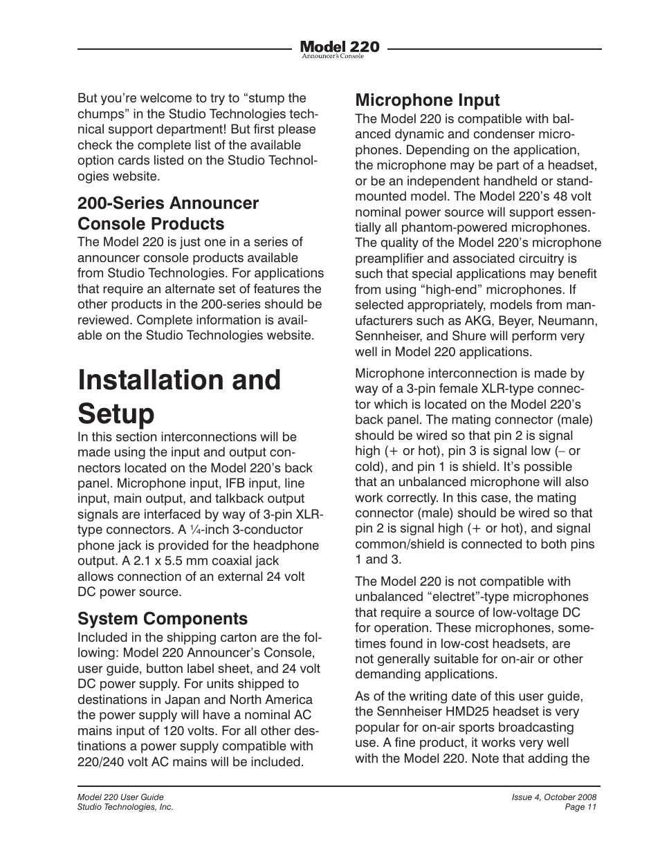 Installation and setup, Series announcer console products, System components | Microphone input | Studio Technologies 220 2008 User Manual | Page 11 / 43