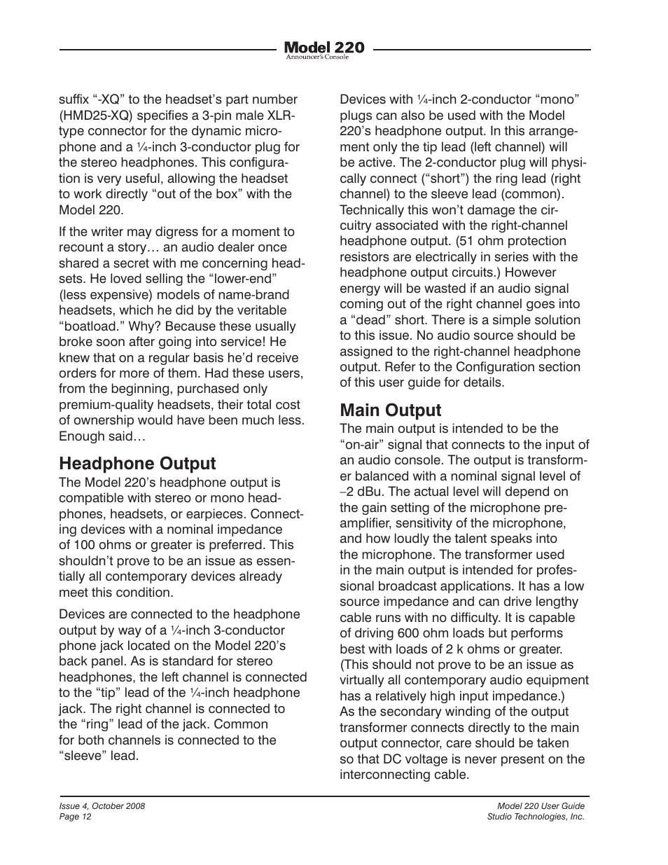 Headphone output, Main output | Studio Technologies 220 2008 User Manual | Page 12 / 43
