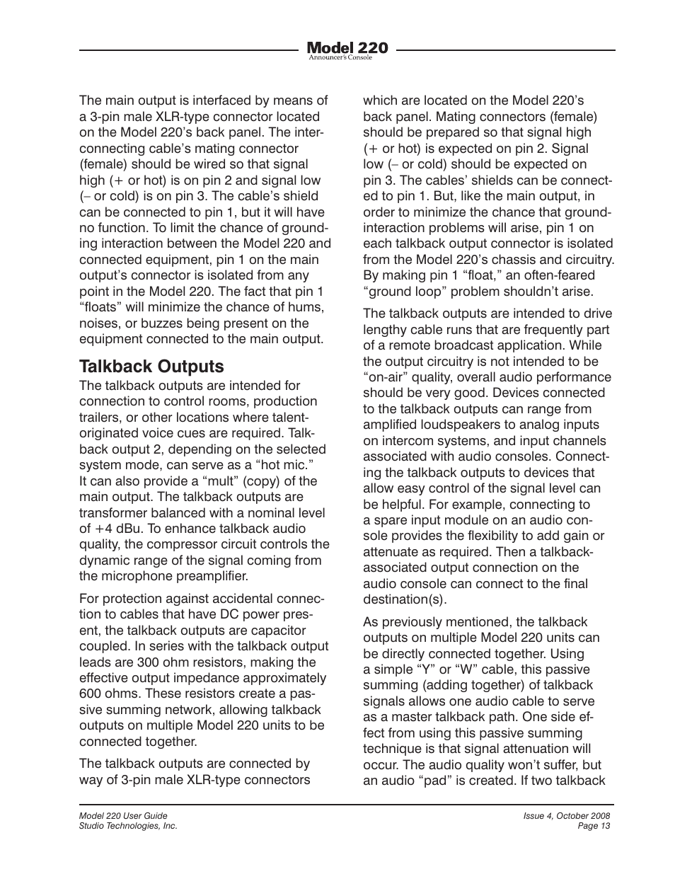 Talkback outputs | Studio Technologies 220 2008 User Manual | Page 13 / 43