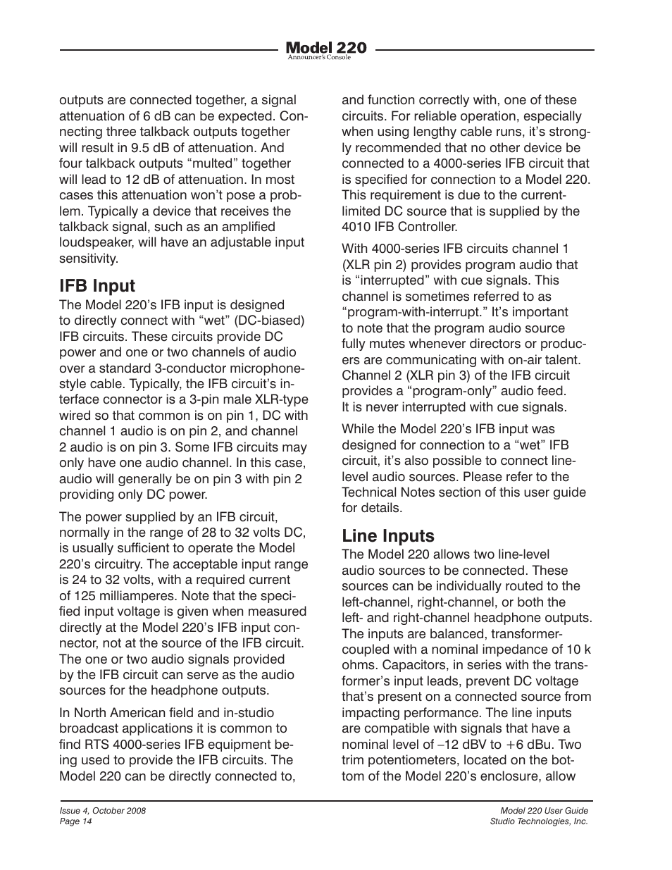 Ifb input, Line inputs | Studio Technologies 220 2008 User Manual | Page 14 / 43