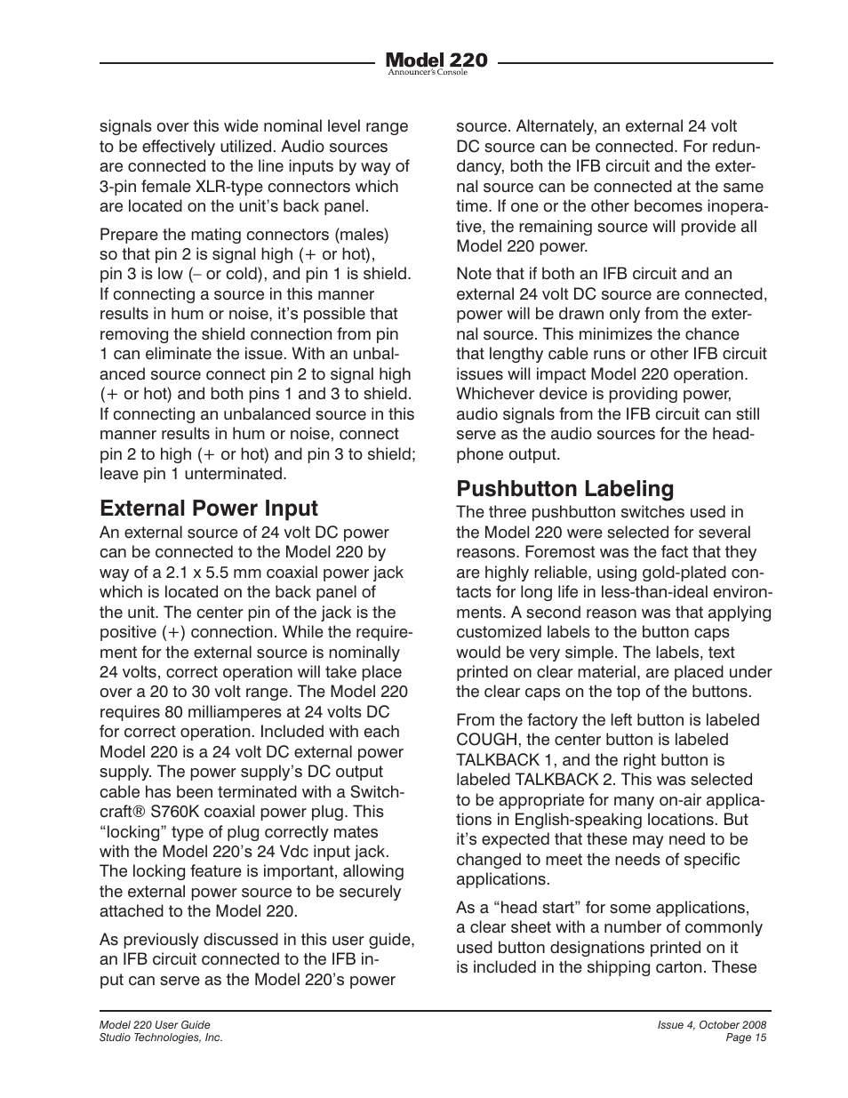 External power input, Pushbutton labeling | Studio Technologies 220 2008 User Manual | Page 15 / 43