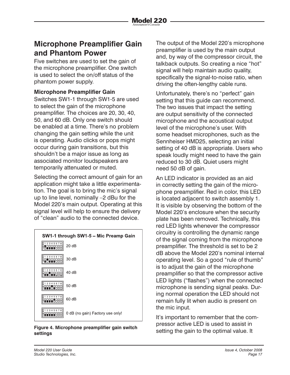 Microphone preamplifier gain and phantom power | Studio Technologies 220 2008 User Manual | Page 17 / 43