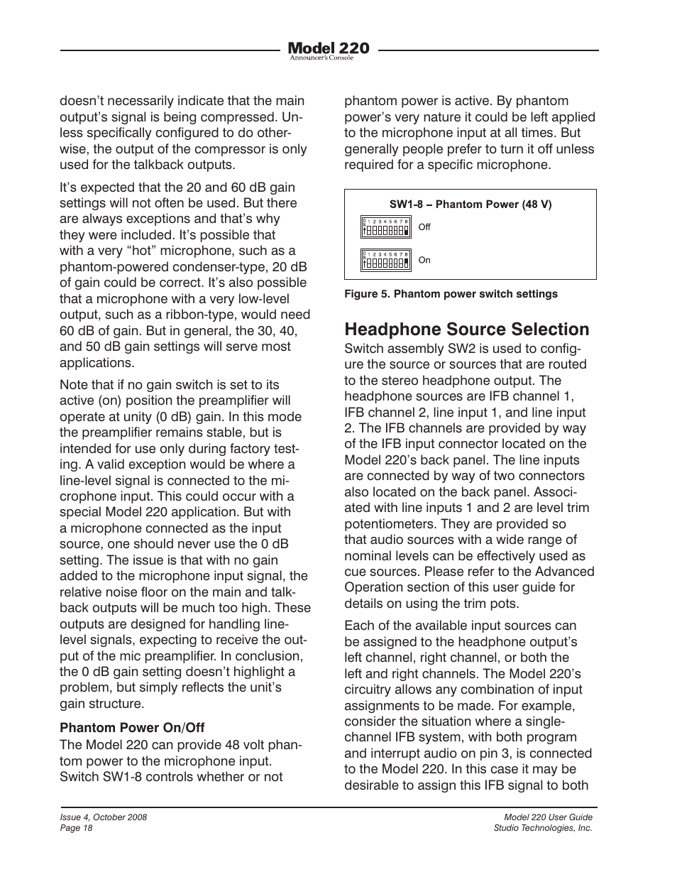 Headphone source selection | Studio Technologies 220 2008 User Manual | Page 18 / 43