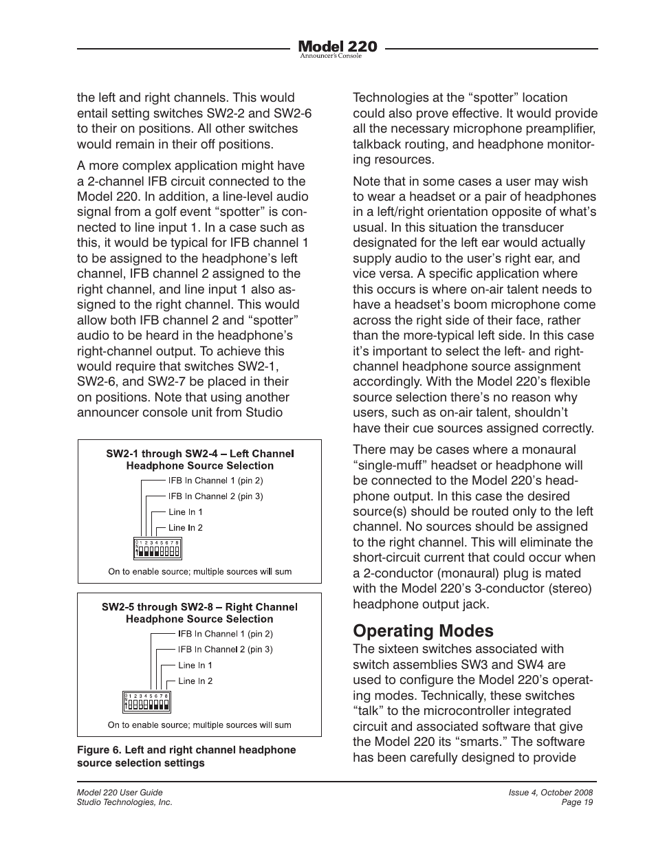 Operating modes | Studio Technologies 220 2008 User Manual | Page 19 / 43