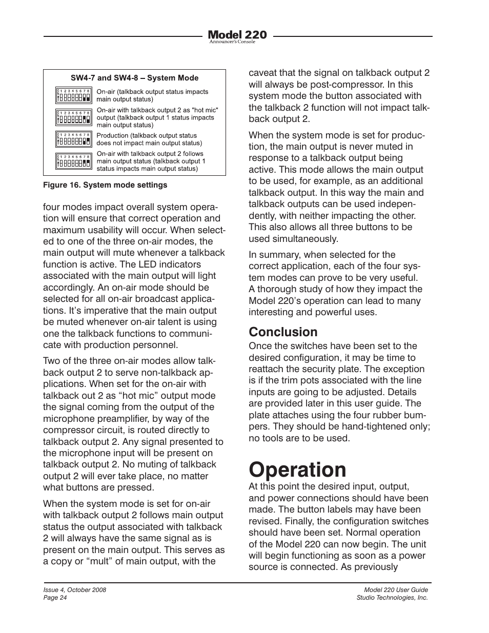 Operation, Conclusion | Studio Technologies 220 2008 User Manual | Page 24 / 43