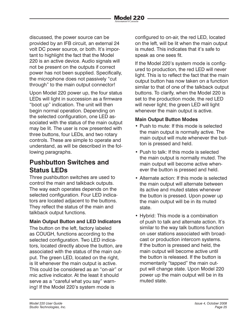 Pushbutton switches and status leds | Studio Technologies 220 2008 User Manual | Page 25 / 43