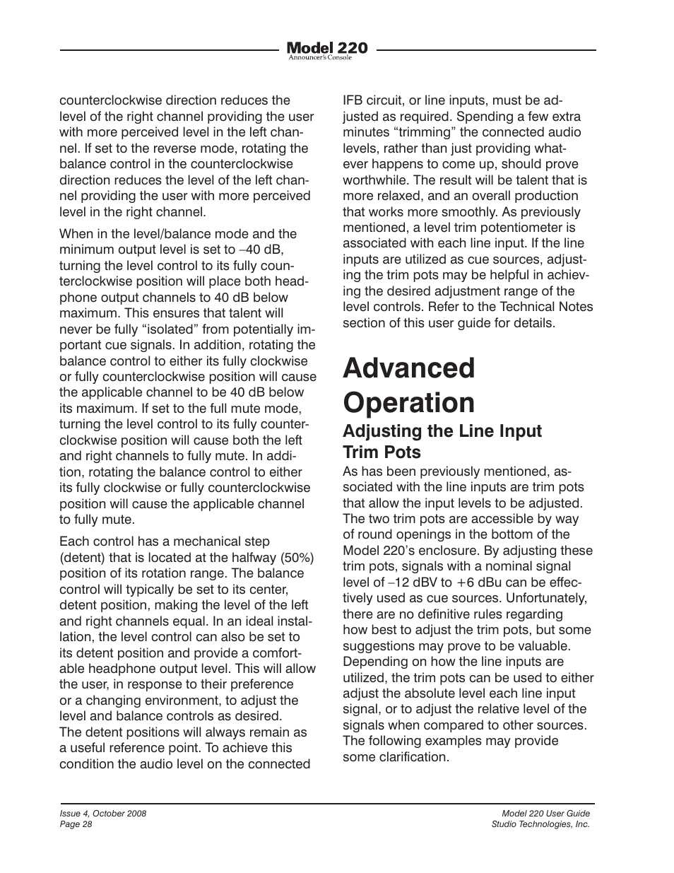 Advanced operation, Adjusting the line input trim pots | Studio Technologies 220 2008 User Manual | Page 28 / 43