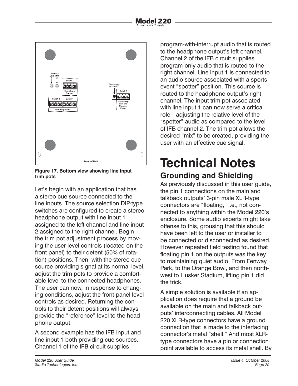 Technical notes, Grounding and shielding | Studio Technologies 220 2008 User Manual | Page 29 / 43