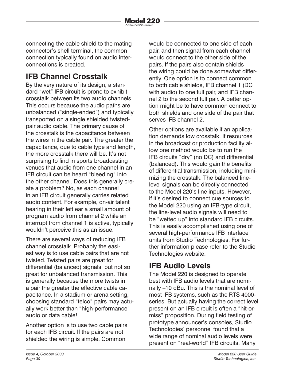 Ifb channel crosstalk, Ifb audio levels | Studio Technologies 220 2008 User Manual | Page 30 / 43