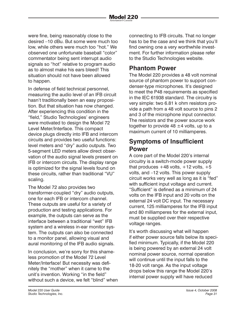 Phantom power, Symptoms of insufficient power | Studio Technologies 220 2008 User Manual | Page 31 / 43