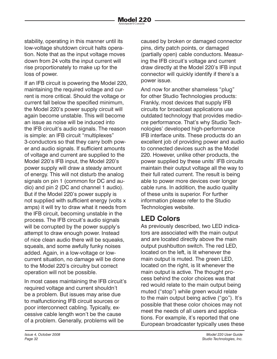 Led colors | Studio Technologies 220 2008 User Manual | Page 32 / 43