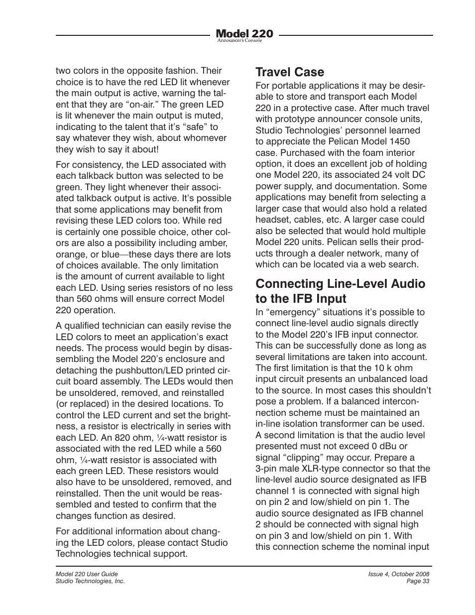 Travel case, Connecting line-level audio to the ifb input | Studio Technologies 220 2008 User Manual | Page 33 / 43