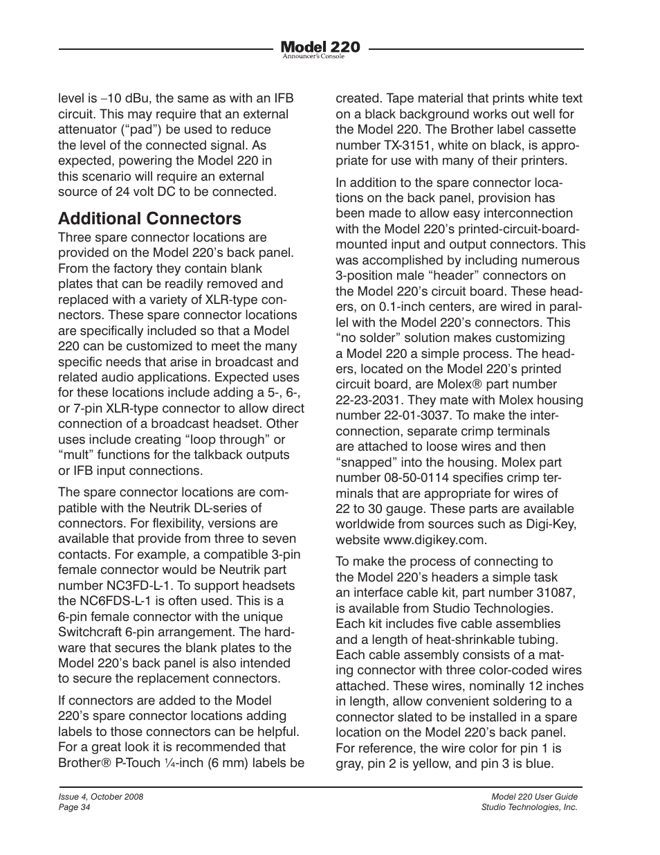 Additional connectors | Studio Technologies 220 2008 User Manual | Page 34 / 43