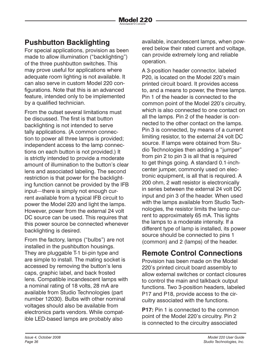 Pushbutton backlighting, Remote control connections | Studio Technologies 220 2008 User Manual | Page 36 / 43