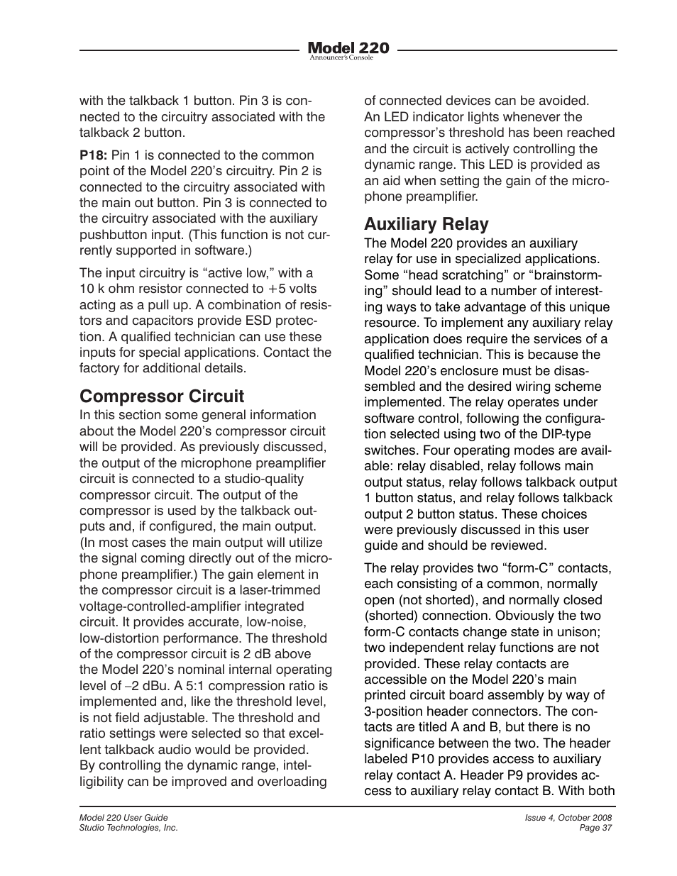 Compressor circuit, Auxiliary relay | Studio Technologies 220 2008 User Manual | Page 37 / 43