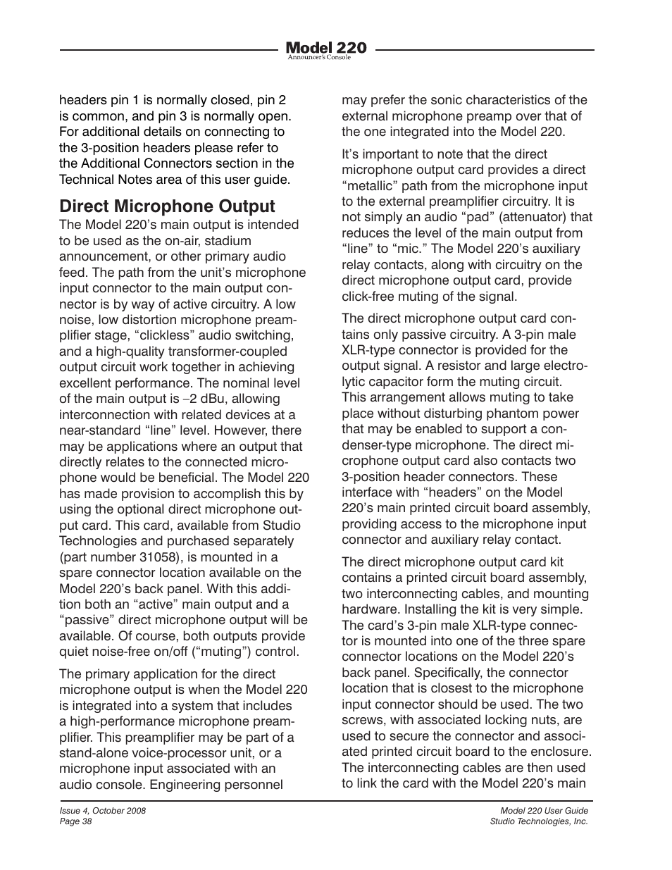 Direct microphone output | Studio Technologies 220 2008 User Manual | Page 38 / 43