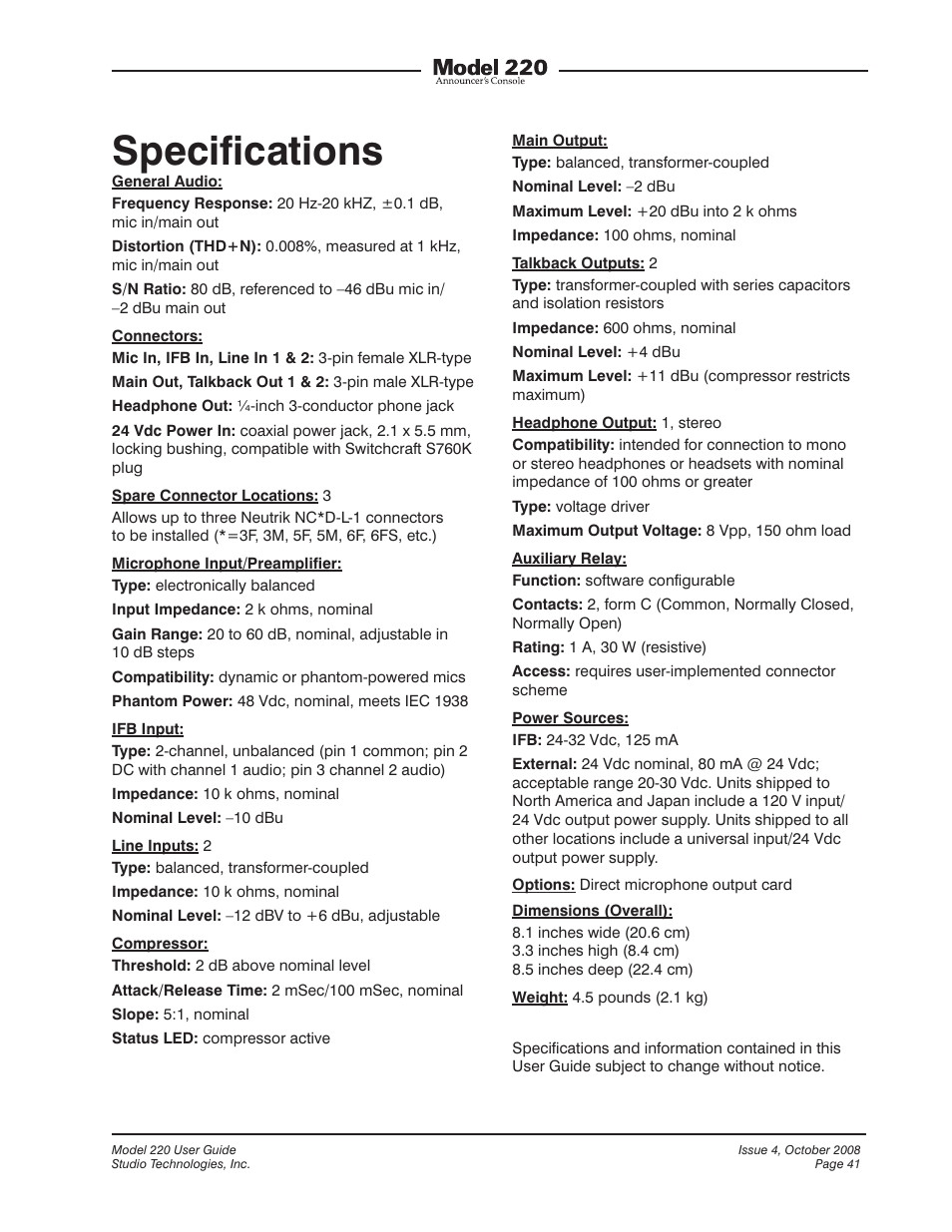 Specifications | Studio Technologies 220 2008 User Manual | Page 41 / 43